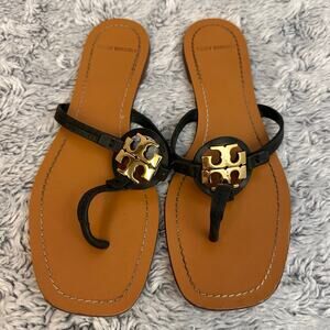Tory Burch Black Leather Mini Miller Thong Sandals Flip Flops Women's 9M